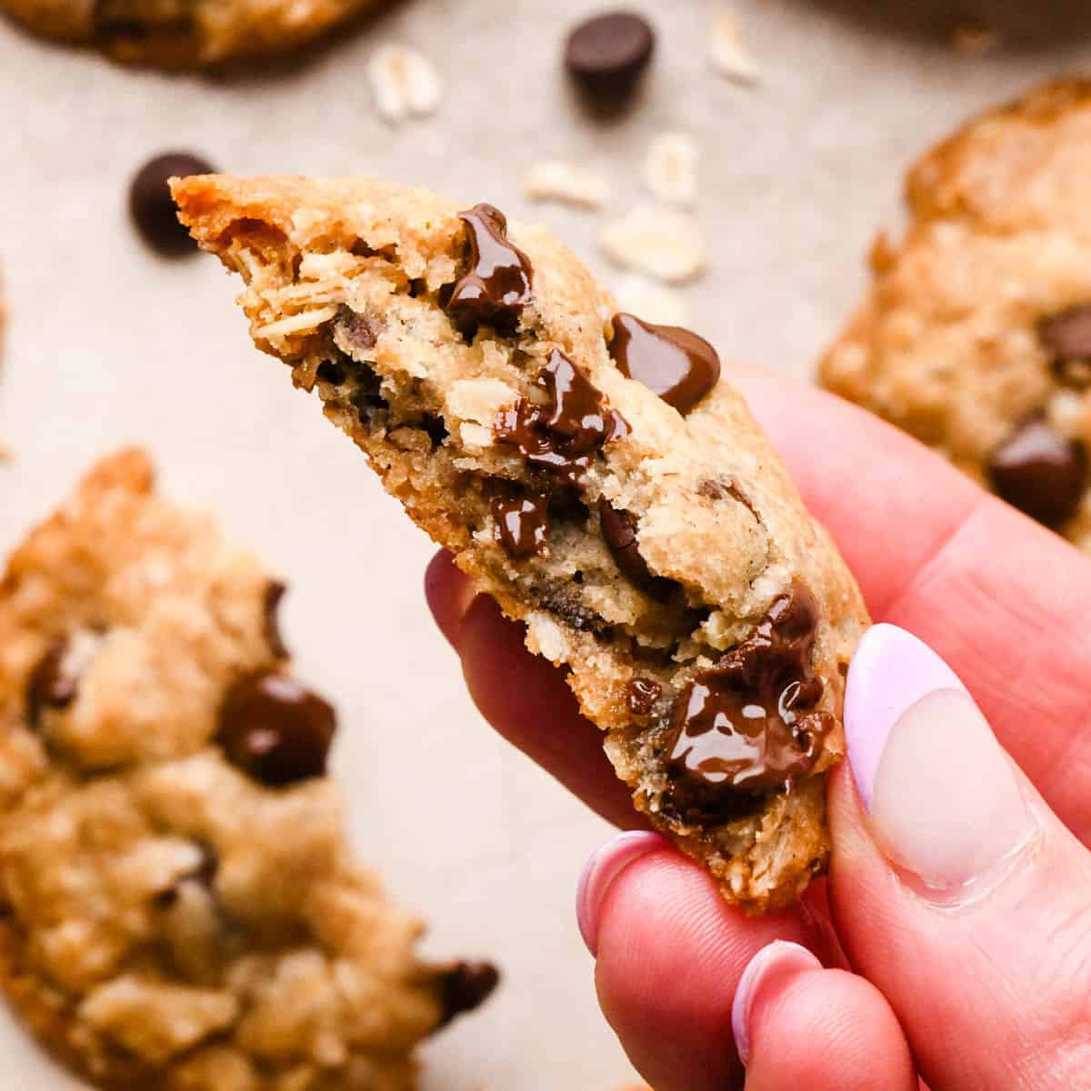 a hand holding a vegan oatmeal cookie with a bite taken out of it so the melty chocolate chips and gooey center is visible. Other cookies in the background