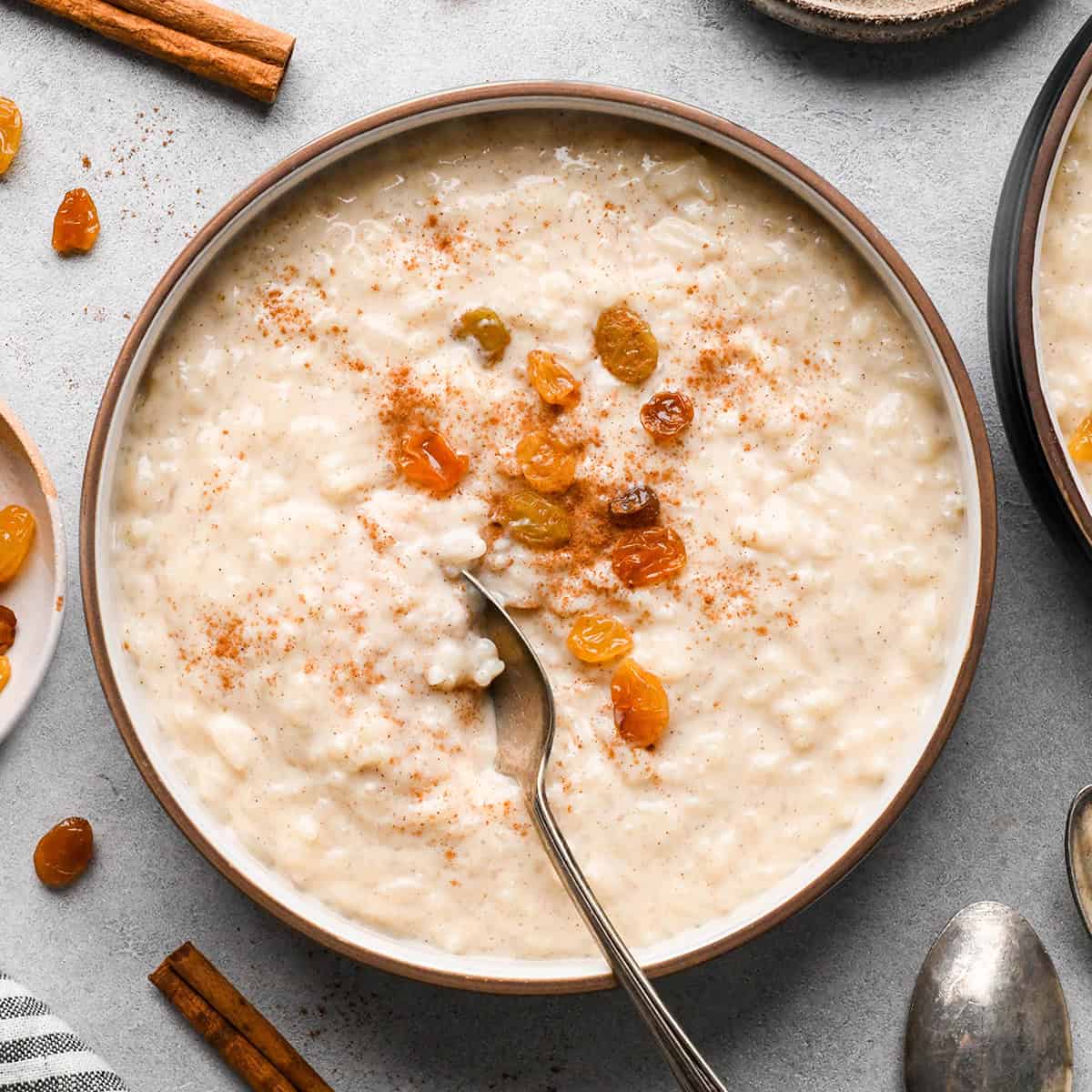 Overhead view of a bowl of creamy rice pudding topped with golden raisins and a dusting of cinnamon, with a spoon resting in the bowl.