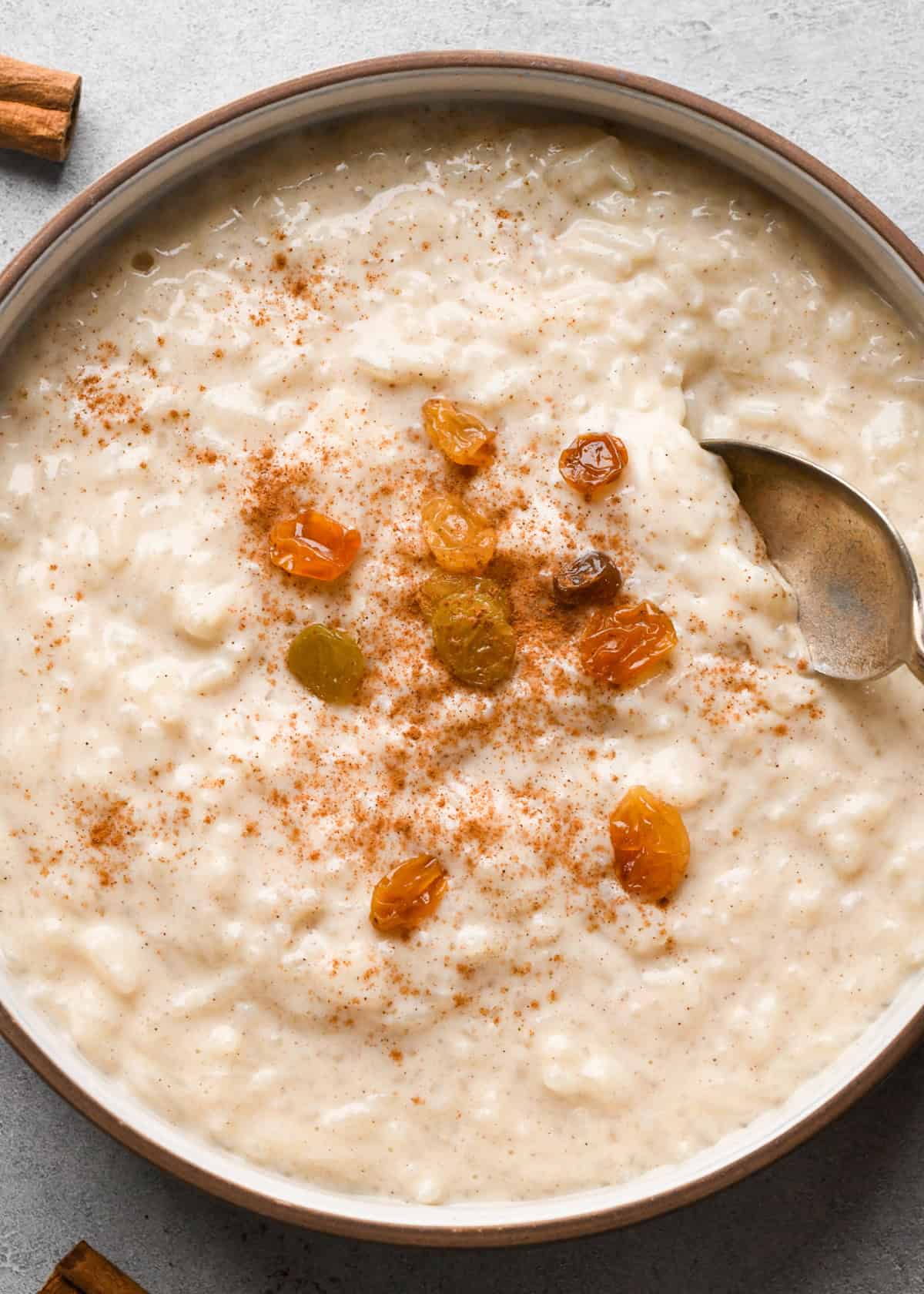 Overhead view of a bowl of creamy rice pudding topped with golden raisins and a dusting of cinnamon, with a spoon resting in the bowl.