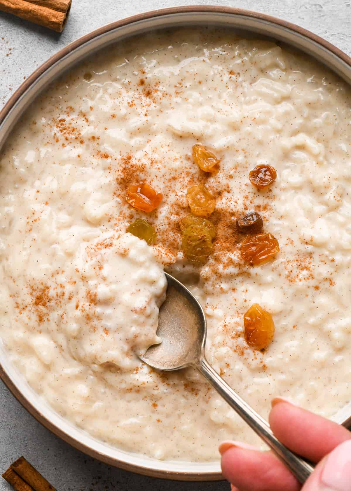 Overhead view of a bowl of creamy rice pudding topped with golden raisins and a dusting of cinnamon, with a spoon resting in the bowl.