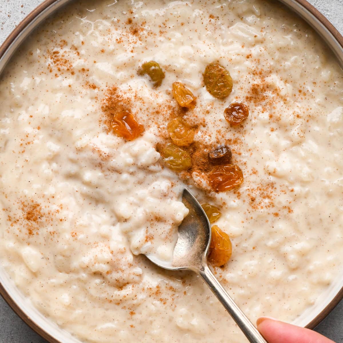Overhead view of a bowl of creamy rice pudding topped with golden raisins and a dusting of cinnamon, with a spoon resting in the bowl.