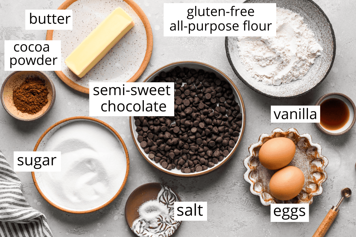 Overhead photo of the ingredients for gluten-free brownies, including butter, cocoa powder, sugar, semisweet chocolate chips, salt, eggs, vanilla, and gluten-free all-purpose flour.