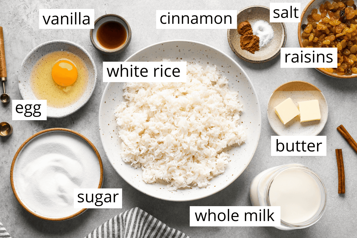 Overhead photo of the ingredients for homemade rice pudding, including white rice, vanilla, egg, sugar, whole milk, butter, raisins, salt, and cinnamon.