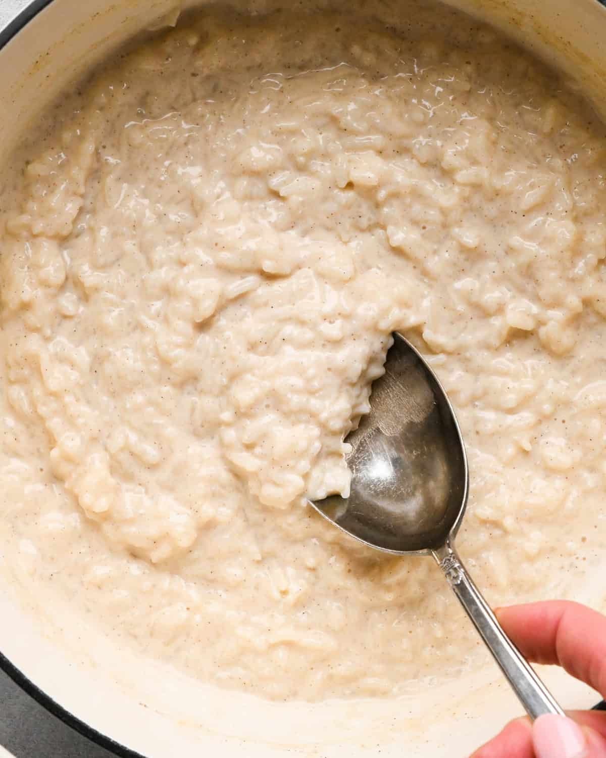 Making rice pudding: close-up photo of a bowl of homemade rice pudding being scooped up with a spoon.