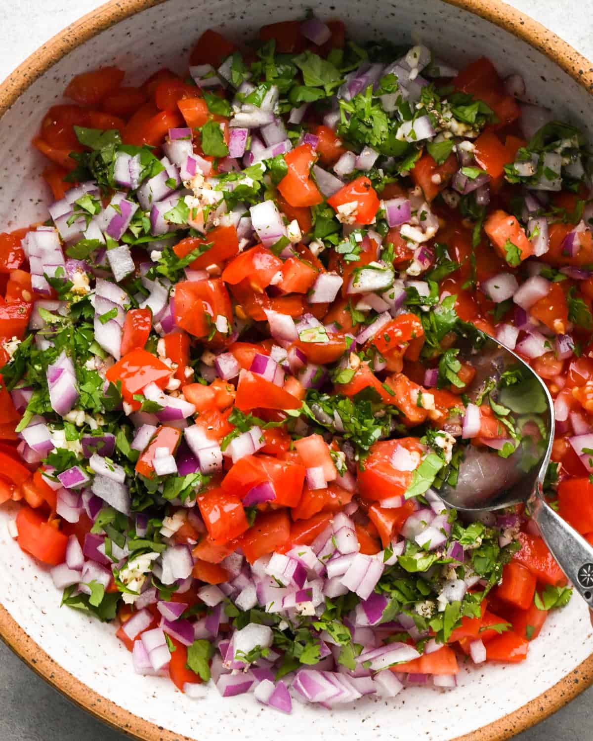 Making pico de Gallo: overhead photo of all ingredients mixed together with a spoon in a large white bowl.