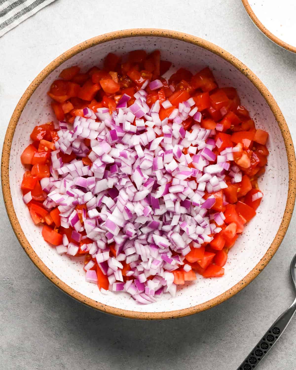 Making pico de Gallo: overhead photo of a white speckled bowl filled with diced tomatoes and red onion.