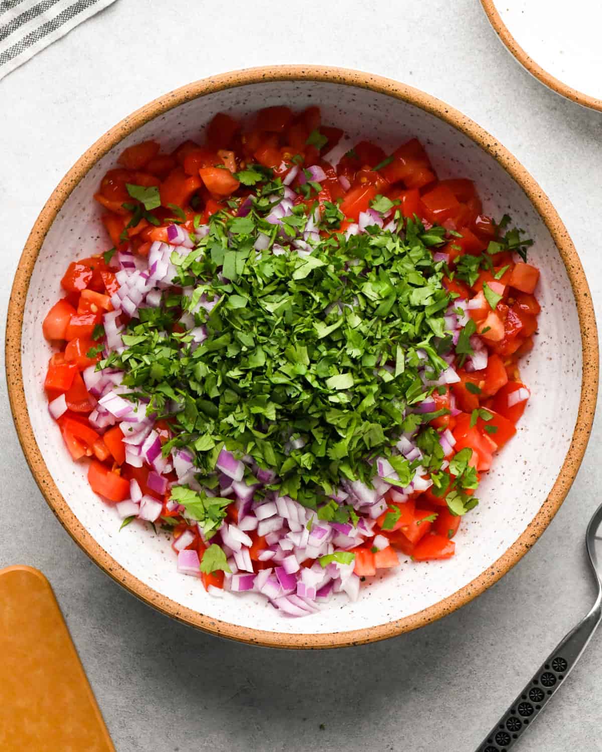 Making pico de Gallo: overhead photo of a white speckled bowl filled with diced tomatoes, cilantro, and red onion.