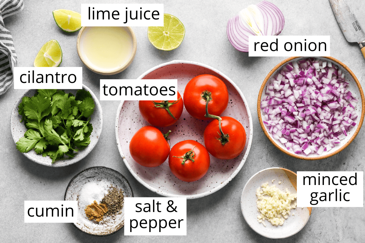 Overhead photo of the ingredients for homemade pico de Gallo including lime juice, cilantro, cumin, salt and pepper, minced garlic, red onion, and tomatoes.