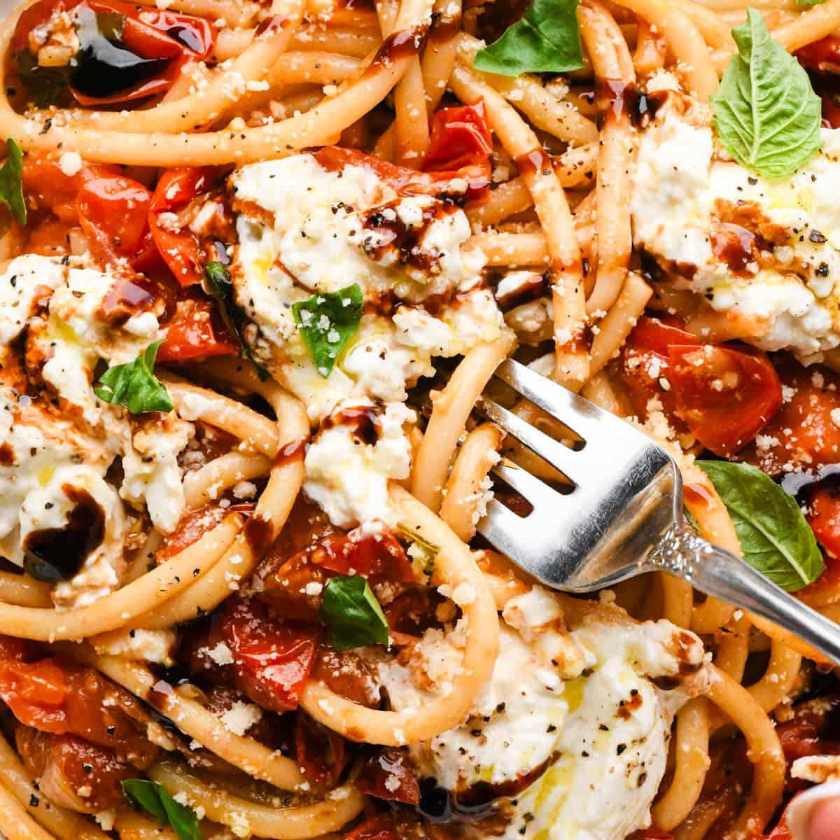 Making pasta with burrata cheese: close-up photo of completed pasta meal with burrata cheese, roasted tomatoes and basil, and balsamic vinegar being eaten in a bowl with a fork.