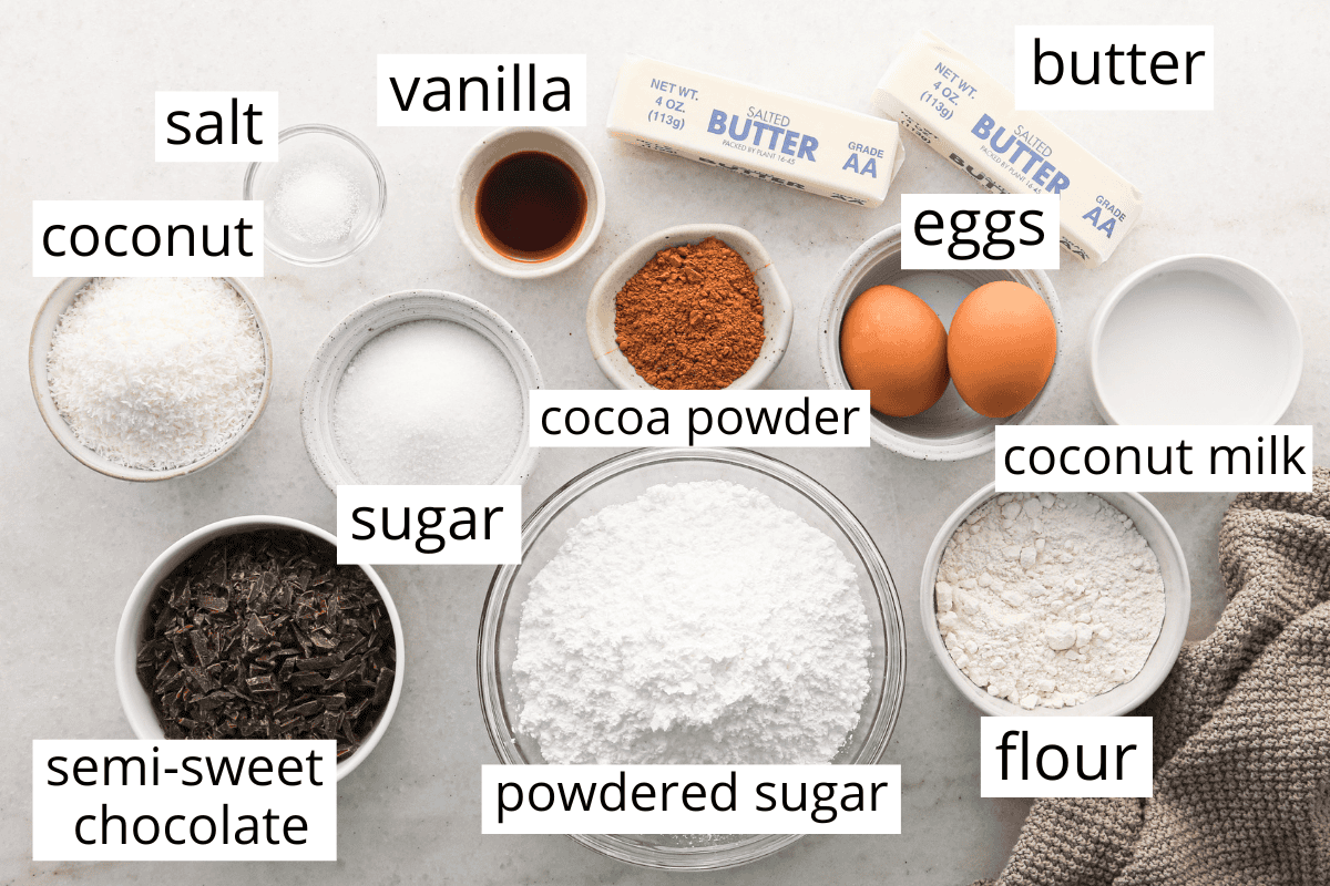 overhead photo of the ingredients in this chocolate coconut brownies recipe, all in bowls and labeled like butter, coconut milk, coconut, chocolate, eggs, vanilla, and cocoa powder