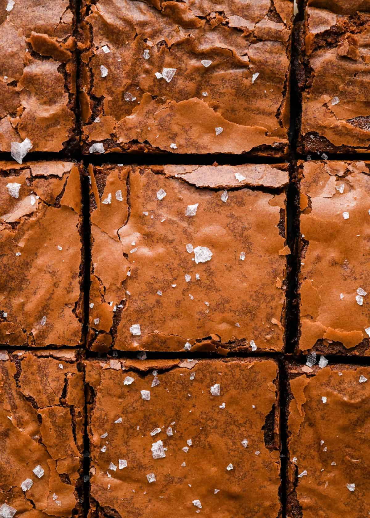 overhead photo of 9 brown butter brownies cut into squares with flaky sea salt on top