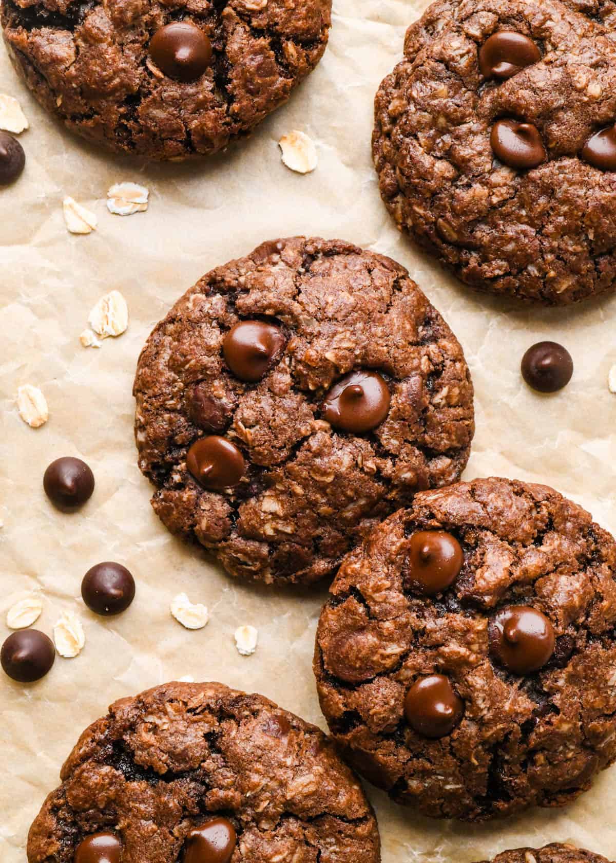 5 double chocolate oatmeal cookies on parchment paper surrounded by chocolate chips and oats