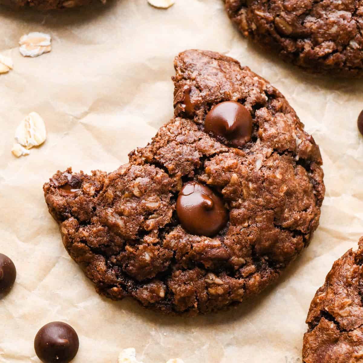 double chocolate oatmeal cookie with a bite taken out of it on parchment paper surrounded by two other cookies, oats and chocolate chips