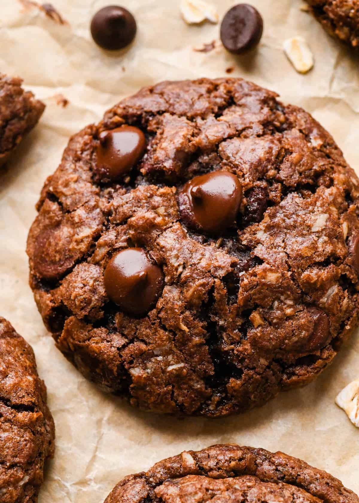 close up photo of a double chocolate oatmeal cookie on parchment paper surrounded by 3 other cookies, oats and chocolate chips