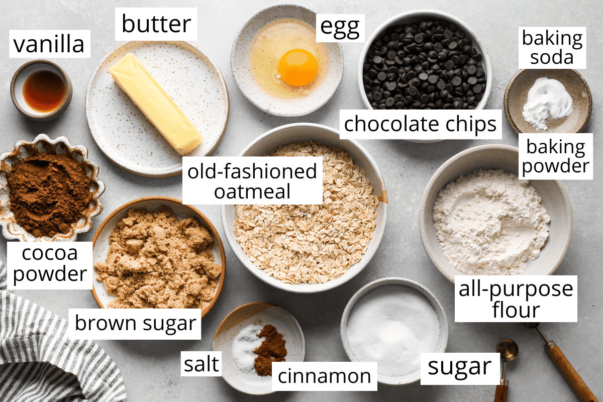 overhead photo of the ingredients in this chocolate oatmeal cookies recipe all in bowls and labeled like flour, oatmeal, butter, egg, cocoa powder, chocolate chips, sugar and more