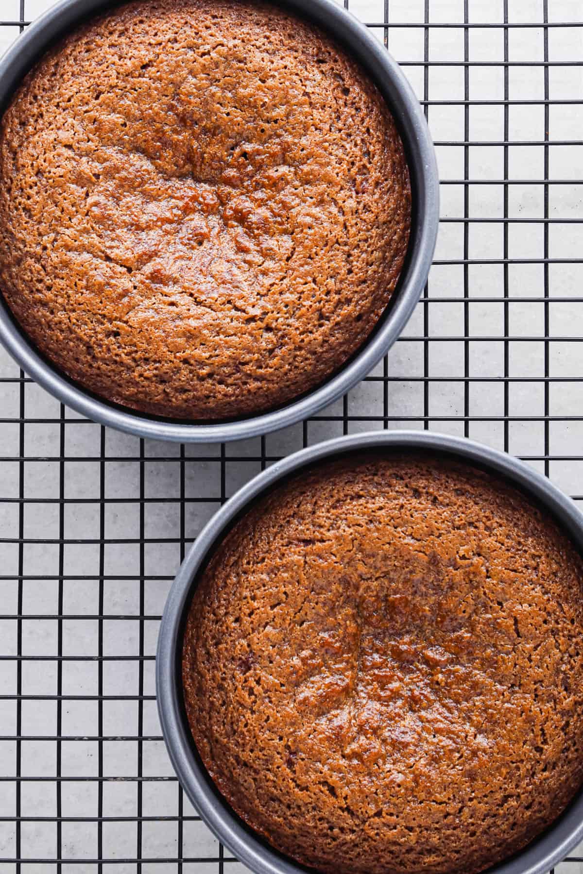 two chocolate raspberry cake rounds in cake pans on a wire cooling rack