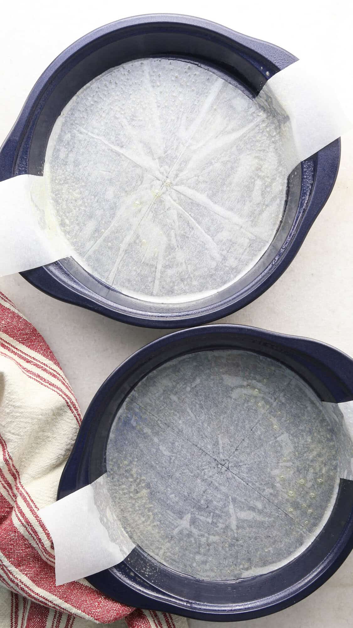 making chocolate raspberry cake - two round cake pans lined with parchment paper and greased