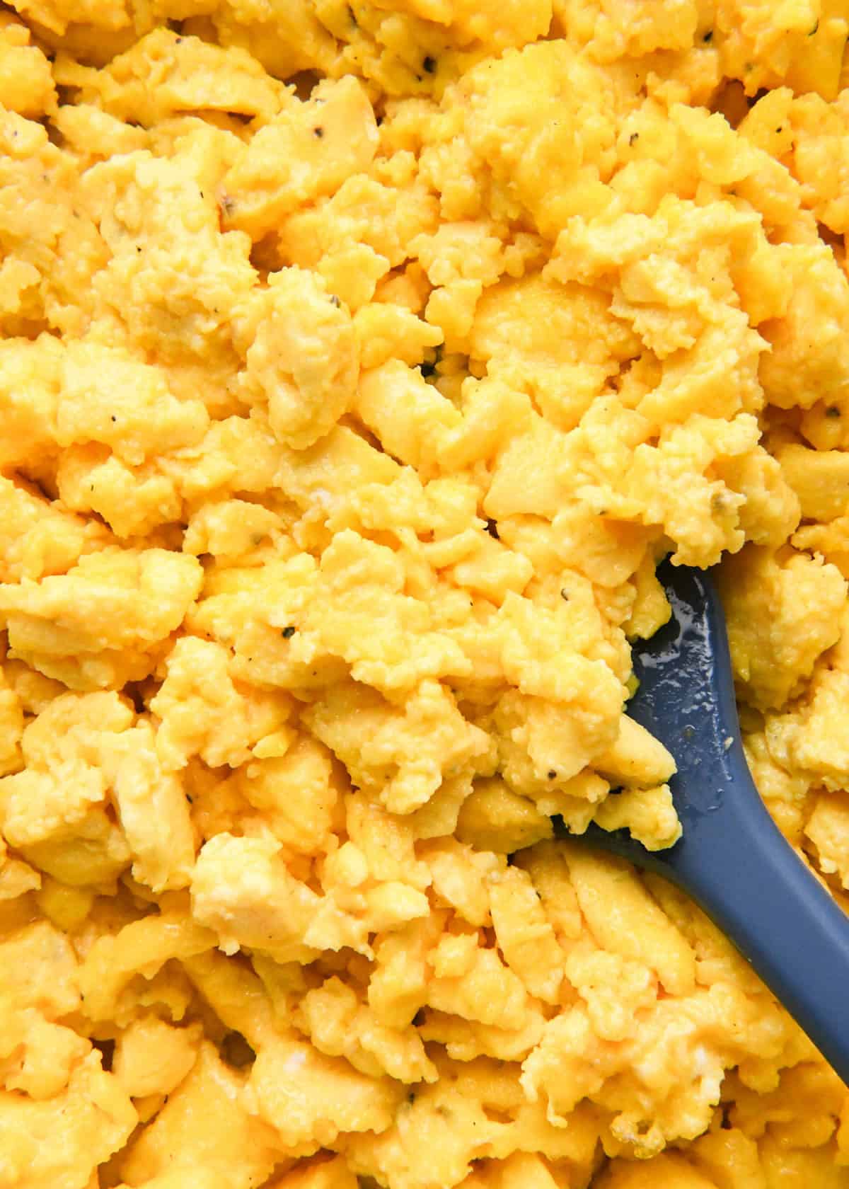 close up photo of oven baked scrambled eggs so the fluffy texture is clearly visible, there's a blue spatula in the eggs
