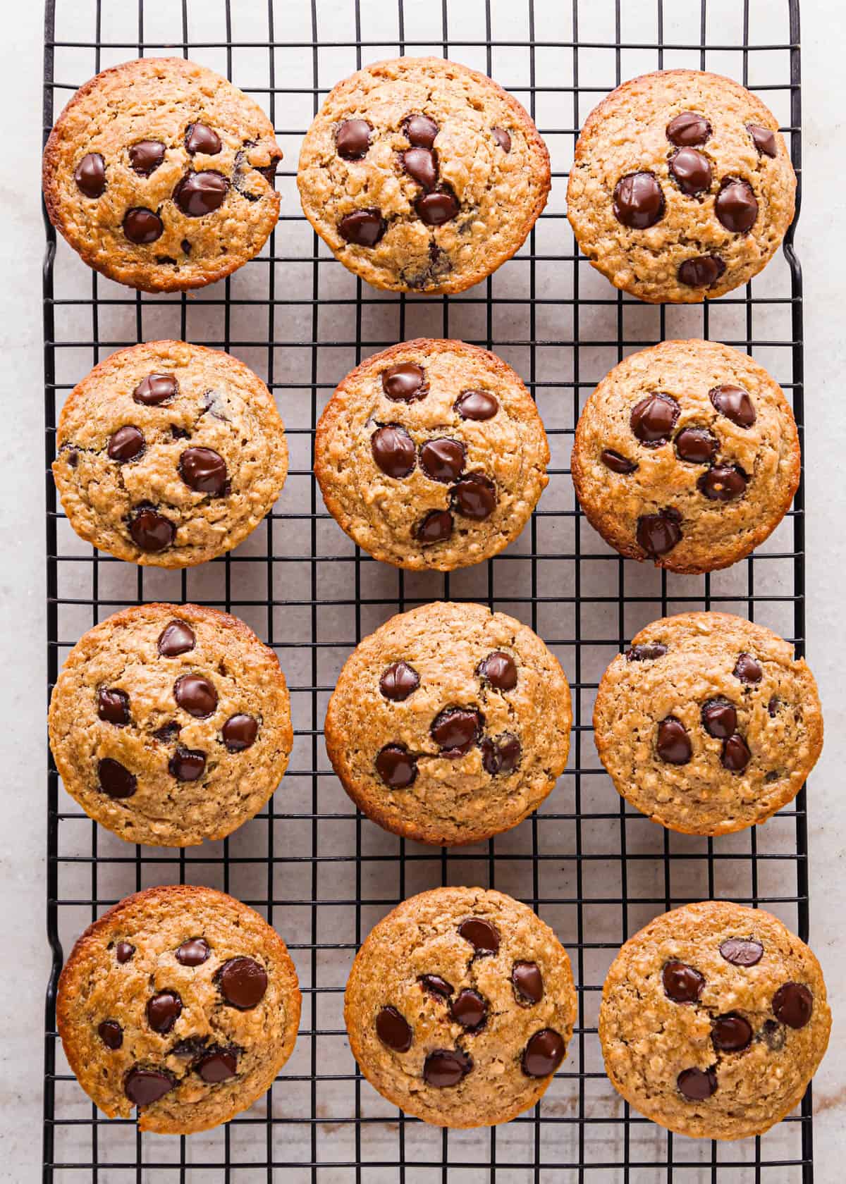 12 oatmeal chocolate chip muffins on a rectangular black wire cooling rack