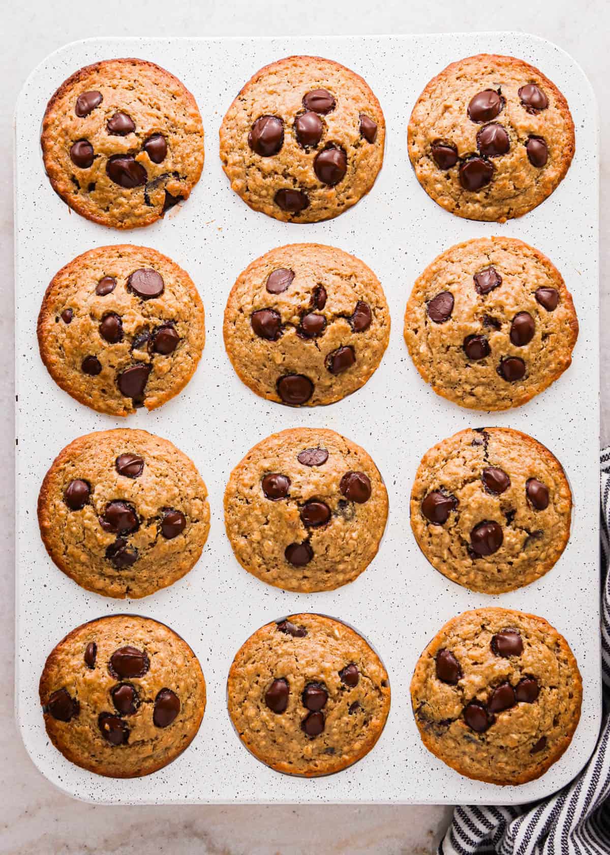 12 oatmeal chocolate chip muffins in a white muffin pan after baking