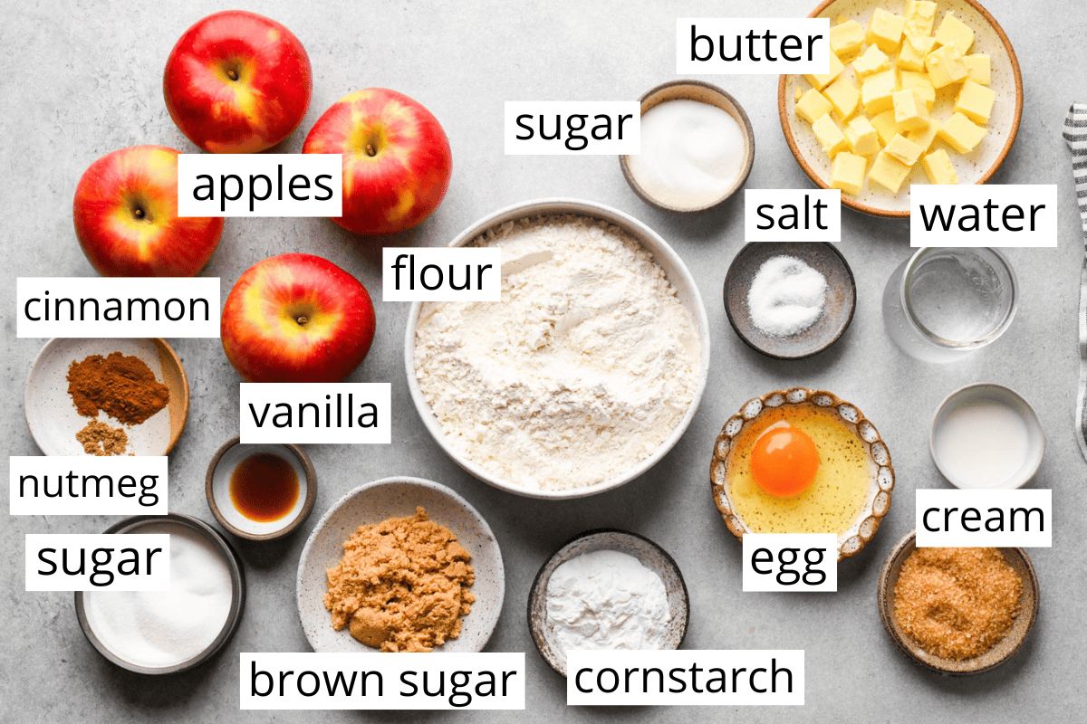 overhead photo of the ingredients in this apple hand pies recipe in bowls and labeled like flour, vanilla, apples, butter, spices, sugar and more.