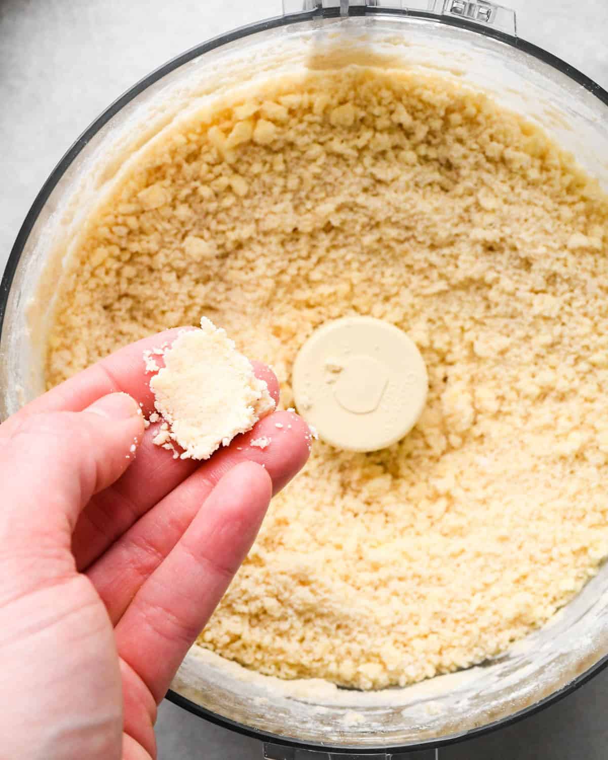 making apple hand pies crust - a hand holding a piece of the dough that has been squeezed together