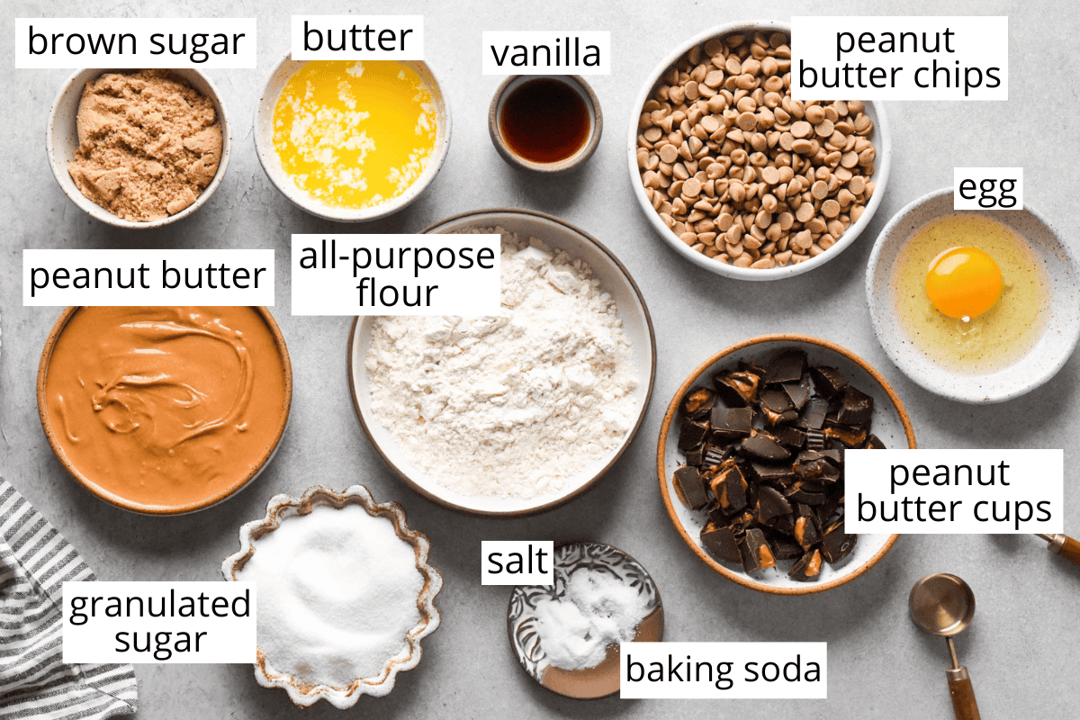 overhead photo of the ingredients in this peanut butter blondies recipe all in bowls and labeled like melted butter, brown sugar, peanut butter, flour, vanilla, sugar, salt, peanut butter cups, peanut butter chips, egg and more