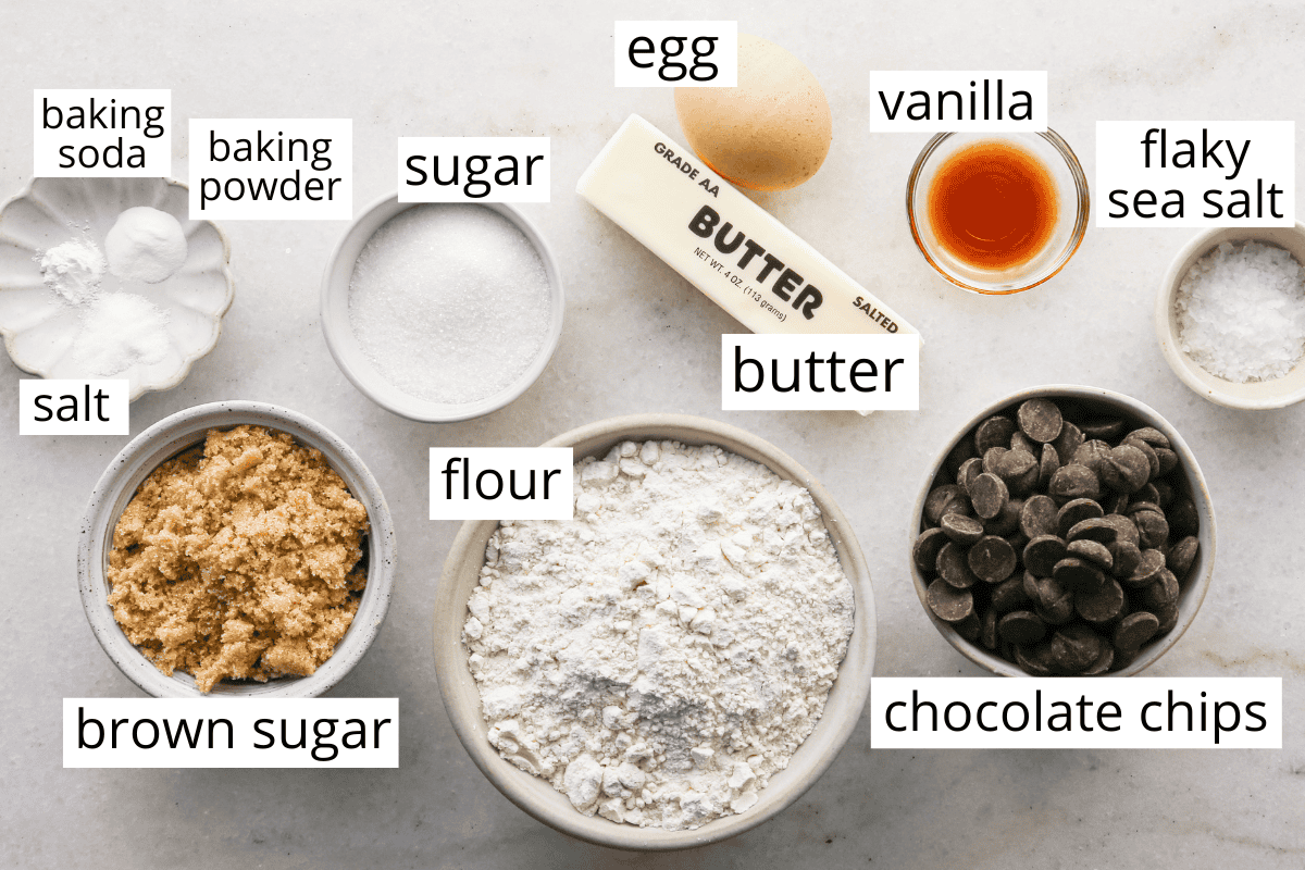 overhead photo of the ingredients in this brown butter chocolate chip cookie bars recipe - all in bowls and labeled like butter, flour, sugar, salt, and chocolate chips
