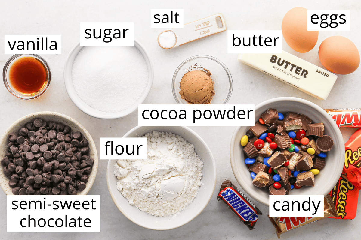 overhead photo of the ingredients in this halloween brownies recipe all in bowls and labeled like cocoa powder, flour, sugar, eggs, butter, vanilla, salt, chocolate and candy.