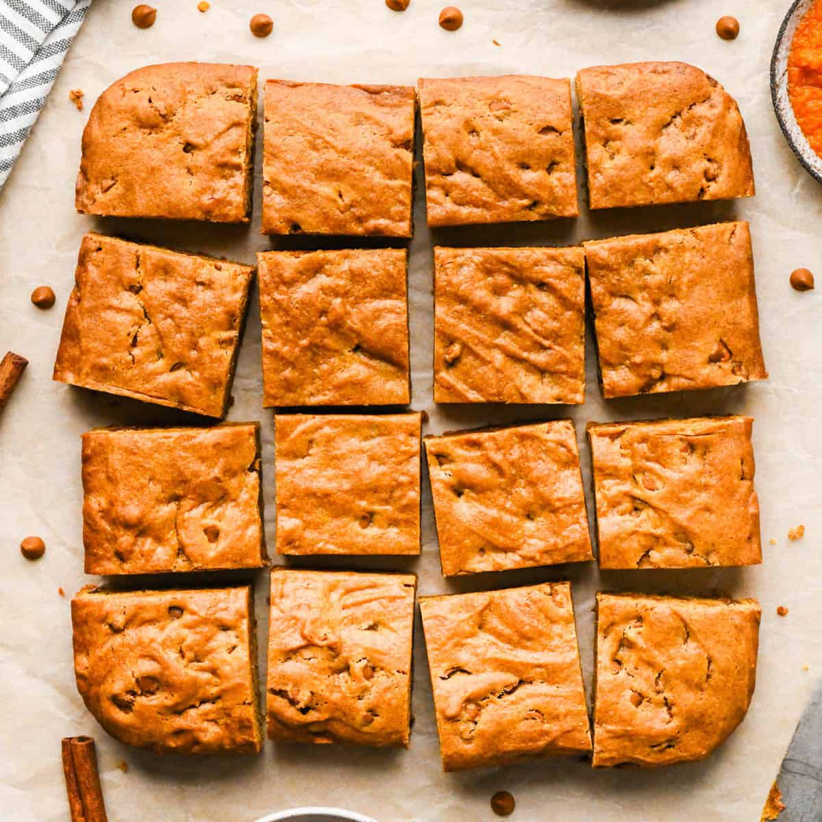 pumpkin blondies with cinnamon chips on parchment paper cut into 16 squares surrounded by cinnamon chips, cinnamon sticks and there's a bowl of pumpkin puree int he top right corner
