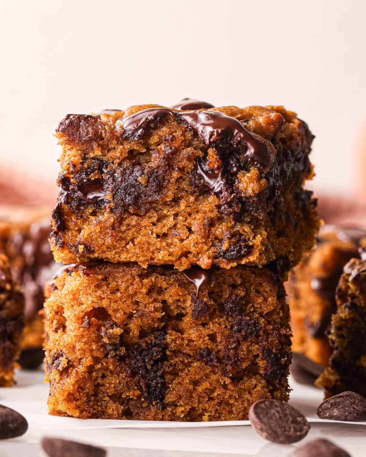 Close-up of homemade pumpkin chocolate chip bars with a moist, soft pumpkin-spice crumb, generously packed with melty chocolate chips and chunks, stacked together and topped with melted chocolate for a rich, cozy fall dessert.