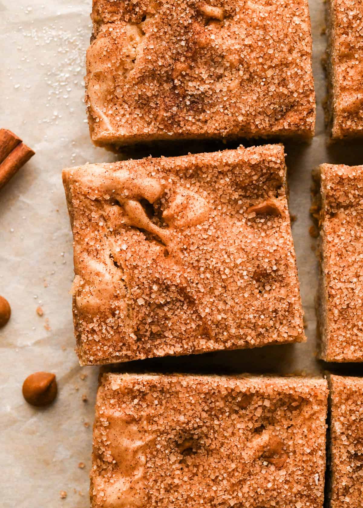 overhead view of 6 snickerdoodle blondies on parchment paper with a cinnamon stick and cinnamon chips