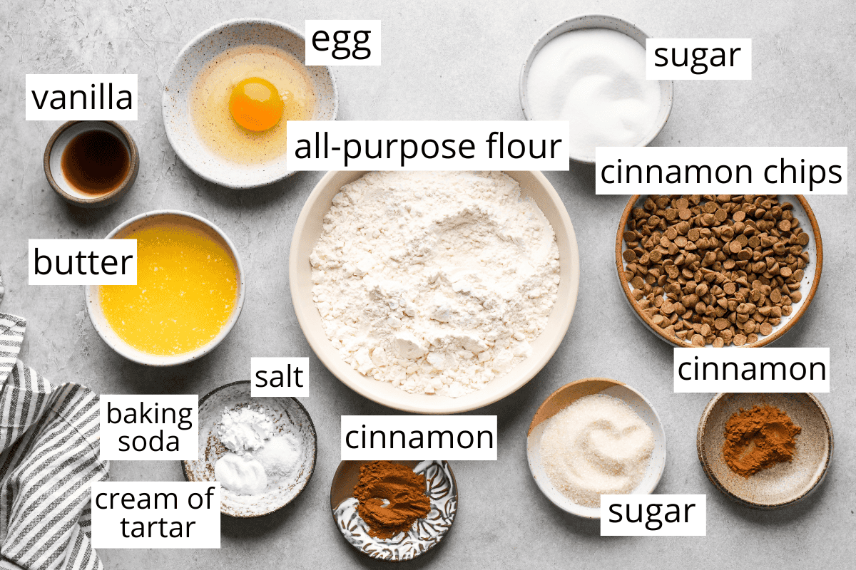 overhead photo of the ingredients in this snickerdoodle blondies recipe all in bowls and labeled like flour, sugar, butter, cinnamon, egg, cream of tartar and cinnamon chips