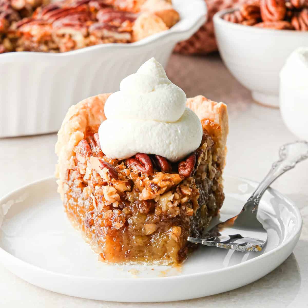 a slice of pecan pie with whipped cream on top on a white plate with a fork, there's a bite taken out of it so they moist pecan pie filling is visible. The rest of the pecan pie is in a white ceramic pie dish in the background along with a bowl of pecans and a bowl of whipped cream.
