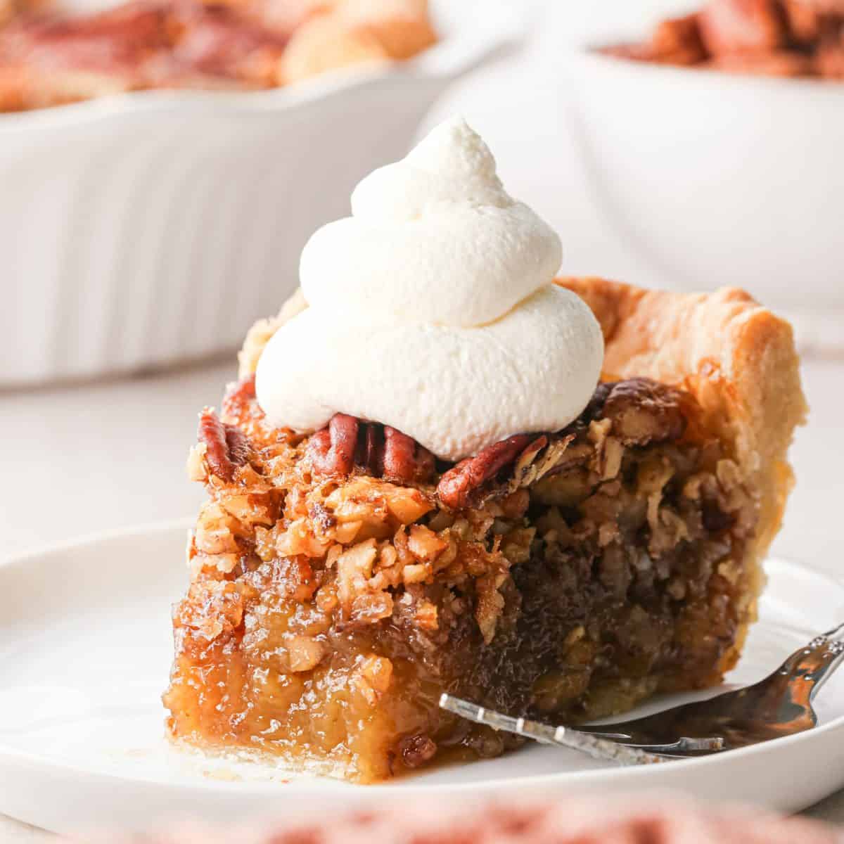 a slice of pecan pie on a white plate with a dollop of whipped cream on top, there is a bite taken out of the pie so the gooey, moist pecan pie filling is visible. There's a fork on the plate, the rest of the pecan pie and a bowl of pecans in the background.